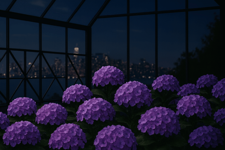 hortensias moradas en la noche